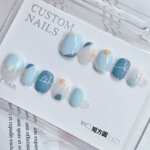 纯手工美甲涂鸦清新蓝成品甲片春夏可爱穿戴甲学生显白假指甲贴片