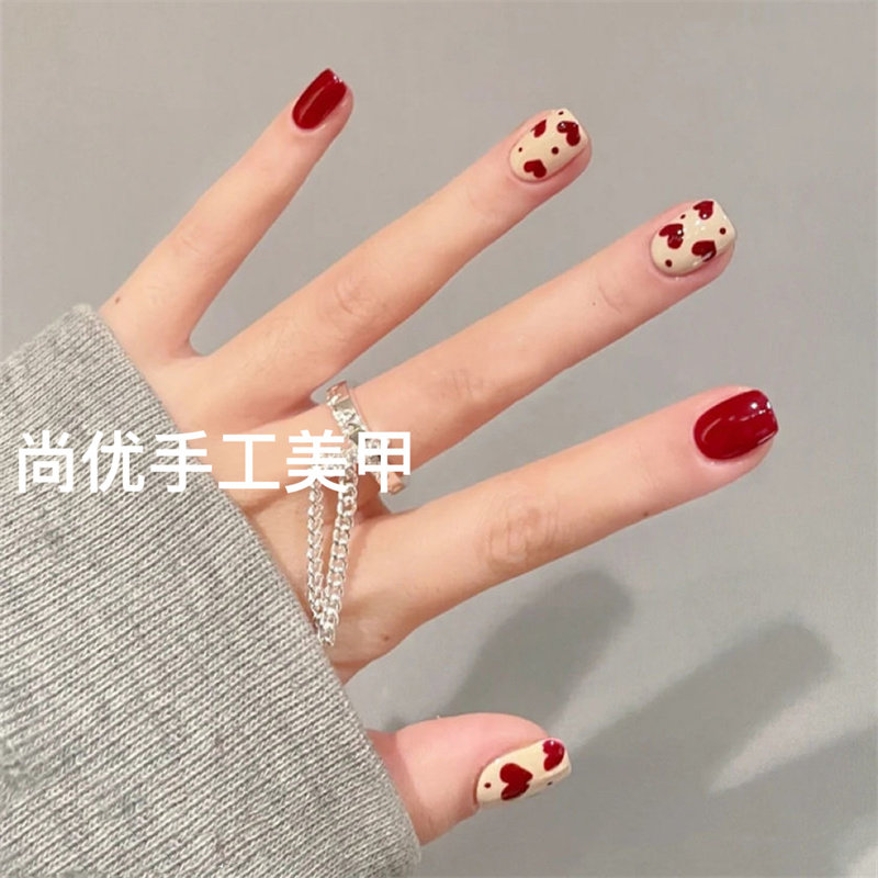 光疗手工假指甲贴 片红爱心新娘成品甲片气质显白美甲喜庆穿戴甲