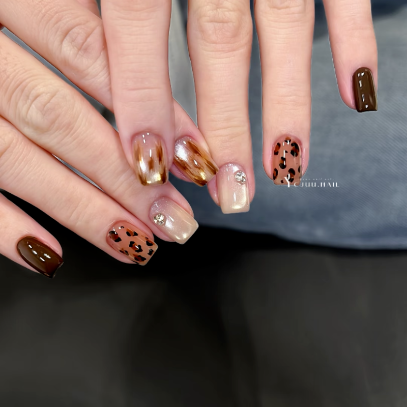 纯手工穿戴甲秋冬琥珀豹纹成品甲片显白个性美甲小众假指甲贴订制