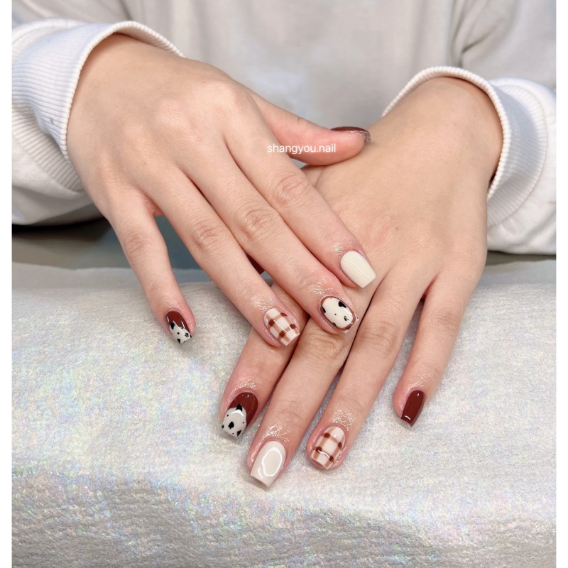 纯手工穿戴甲奶白格纹成品甲片