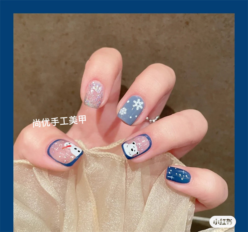 圣诞节成品甲片手工蓝色美甲艾莎雪花假指甲贴片显白创意穿戴甲