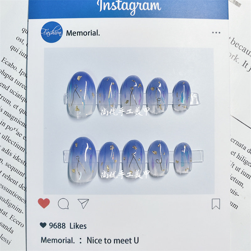 显白美甲成品日系雾霾蓝色渐变手工假指甲贴片穿戴式甲片可拆卸