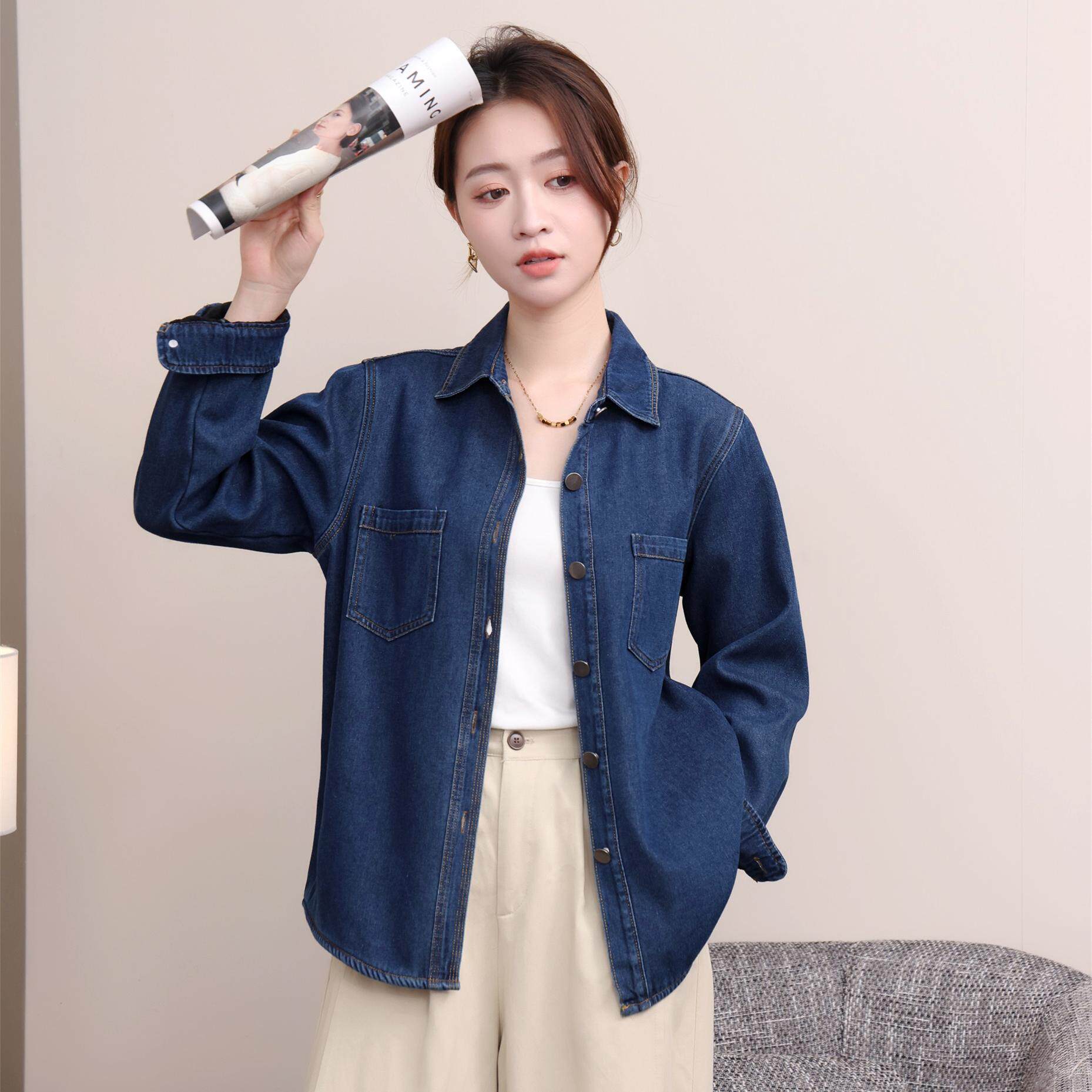 【小个子短款】深蓝色软牛仔衬衫衬衫
