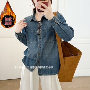 2025年秋季新款小个子复古牛仔衬衫女长袖翻领双口袋百搭叠穿外套