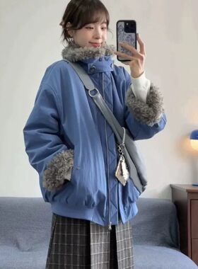 女款秋冬短款工装棉衣羊羔毛立口防风口袋宽松加厚棉服外套