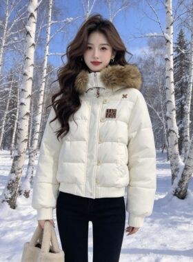 韩版慵懒风连帽棉服女大毛领短款小个子加厚保暖百搭防风冬季外套