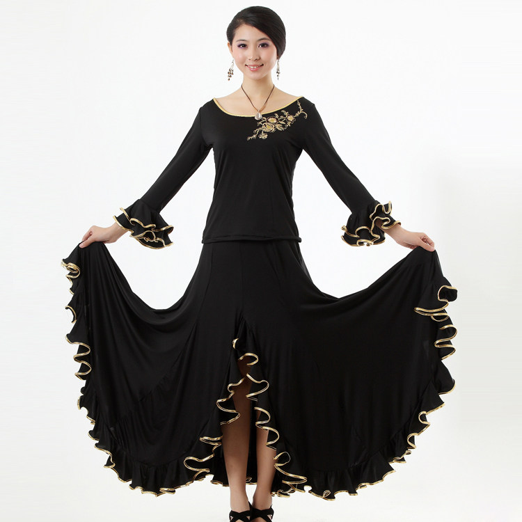 春装新款摩登舞裙 国标舞裙 金边包臀大摆裙 长袖摩登舞练习套装