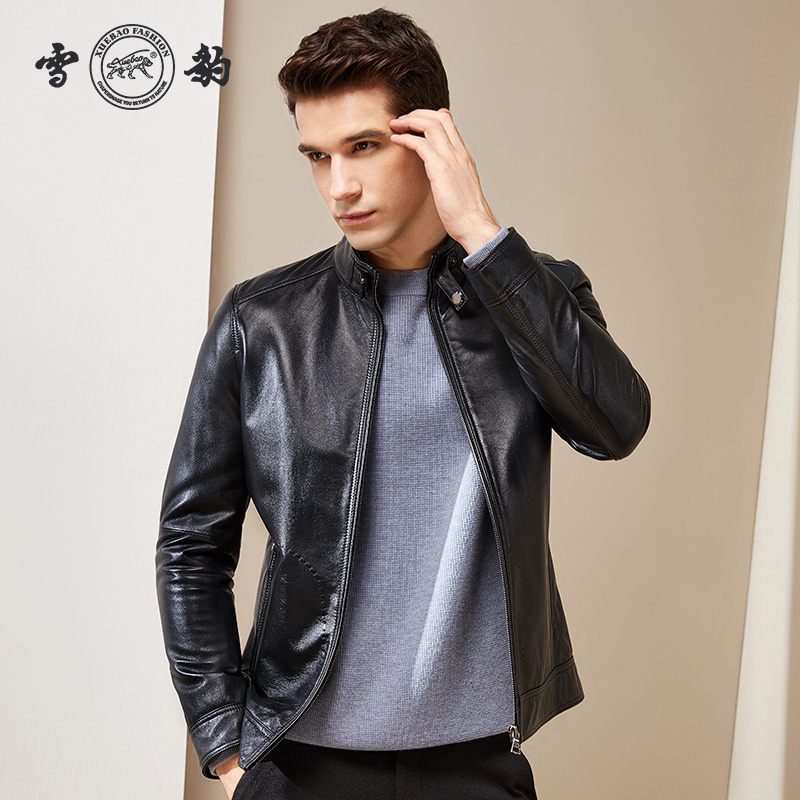 雪豹商务立领修身春秋款真皮皮衣