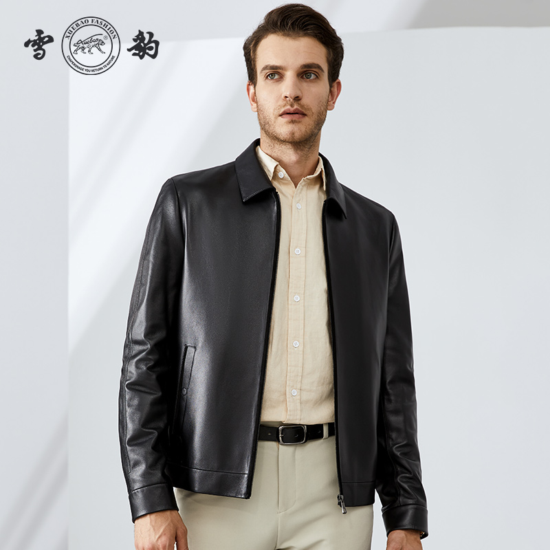 雪豹头层绵羊皮翻领皮夹克