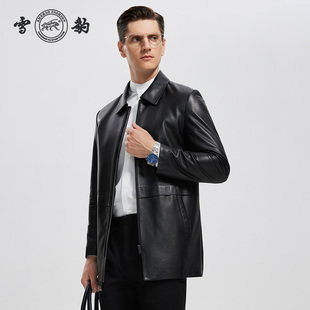 雪豹真皮皮衣男头层绵羊皮商务休闲时尚 翻领行政皮夹克外套 中长款