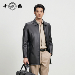 雪豹新款头层牛皮男士真皮皮衣外套白鸭绒内胆中长款加厚真皮风衣