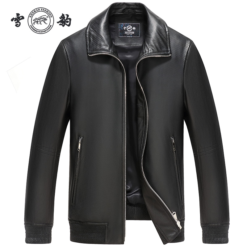 雪豹时尚休闲男士真皮皮衣