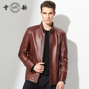 雪豹真皮皮衣男头层牛皮商务休闲时尚 潮流复古港风立领短夹克外套
