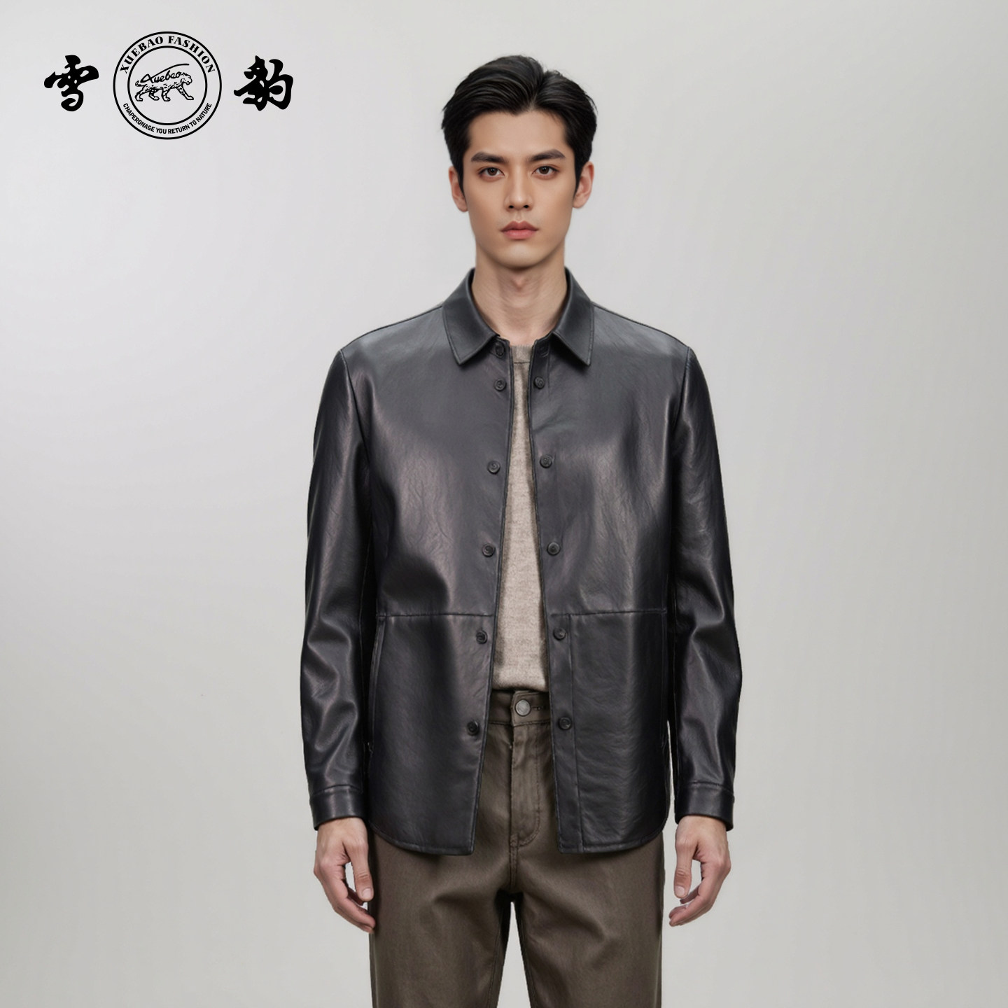 雪豹真皮皮衣外套男士头层绵羊皮翻领轻商务春秋款海宁皮夹克