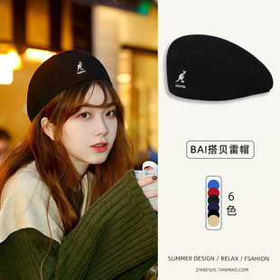 Kangol袋鼠贝雷帽女刺绣英伦复古网眼画家字母秋冬 黑色帽显脸小