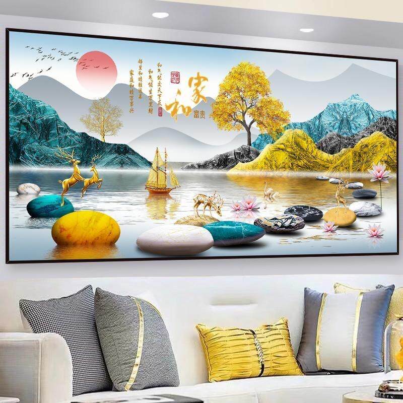 轻奢山水画客厅餐厅中式九鱼聚财福字3d立体墙贴沙发背景墙装饰画