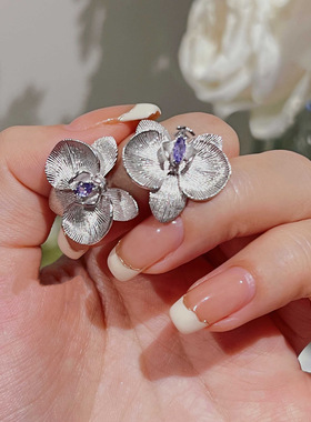 新中式拉丝工艺紫色宝石高级蝴蝶兰立体耳钉女清冷感修饰脸型耳饰