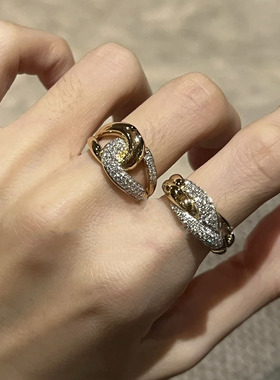 中古轻奢高级感微镶锆石缠绕交叉麻花扭纹戒宽版交织设计时尚精致