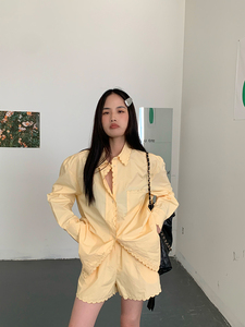 阿树家 穿不腻~立体绣花边白色衬衫女春夏长袖上衣短裤套装