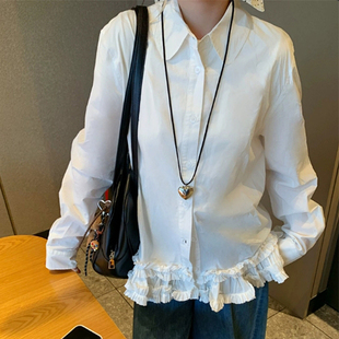 衬衫 阿树家 宫廷风抽褶木耳边长袖 法式 女设计感上衣 慵懒甜心