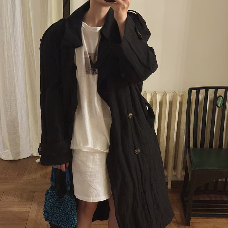 阿树家 阿水 0328|私服系列 黑色双排扣翻领褶皱长外套