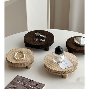 复古木质圆形置物架香水化妆品整理收纳盘桌面玄关首饰展示托盘