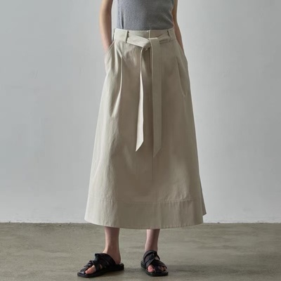 春夏新款高腰绑带过膝A字裙