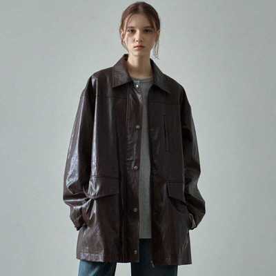 抽绳中长款夹克皮衣外套