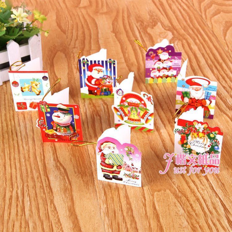 卡片祝福圣诞装贺卡韩版迷你张入 卡亮粉卡套绳挂818128金丝留言