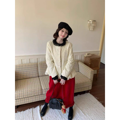 宽松设计款甜美小个子压褶花苞下摆圆领波点棉服外套女QD82538