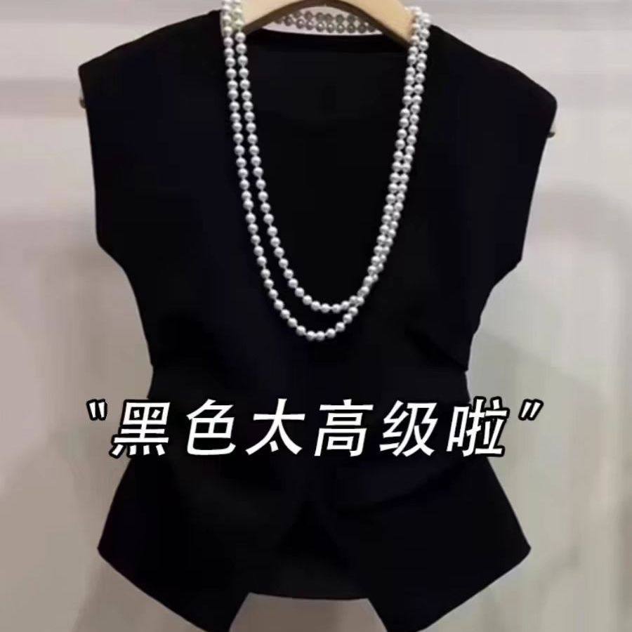 无袖T恤女士2025夏季新款薄款冰丝设计感开叉不规则褶皱上衣