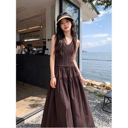 法式拼接无袖背心裙2026夏季女装新款气质花苞裙摆长裙QD87955