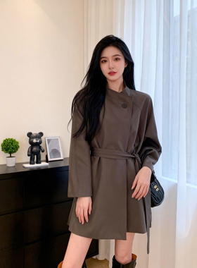 韩系灰色立领中长款风衣女2025秋新款修身简约百搭外套QD60879
