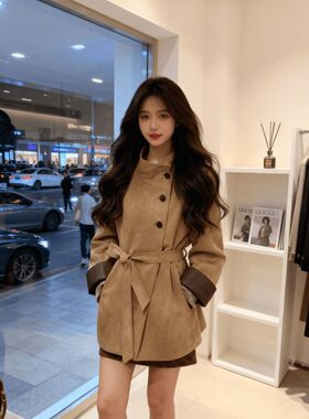 高级感复古美拉德棕色外套女秋中长款美式休闲夹克风衣QD82313