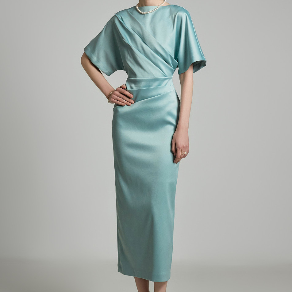 DINT韩国代购2025春款女装 优雅气质船领悬垂褶皱短袖连衣裙D9527