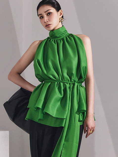 DINT 韩国代购2023年春女装 气质高领系带无袖套头上衣衬衫B9146