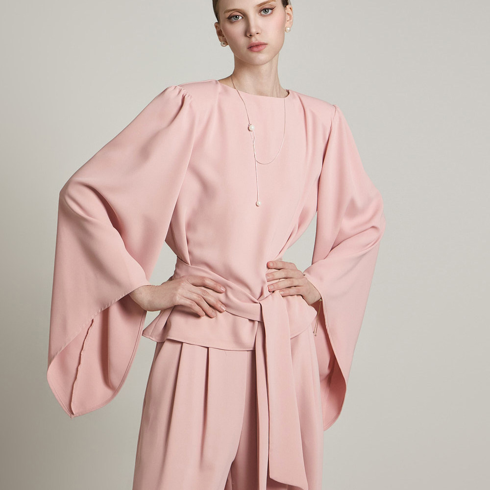 DINT韩国代购2025春装时尚腰带圆领长袖套头衬衫女+西裤套装B3040