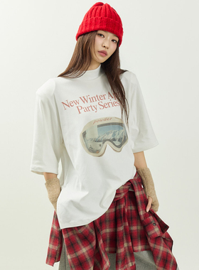 DINT韩国代购2026早春装时尚印花图案立领垫肩短袖加绒T恤女E4076