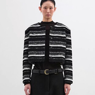 BLOSSOM韩国代购2026早春 时尚编织条纹50%羊毛小香风外套夹克女