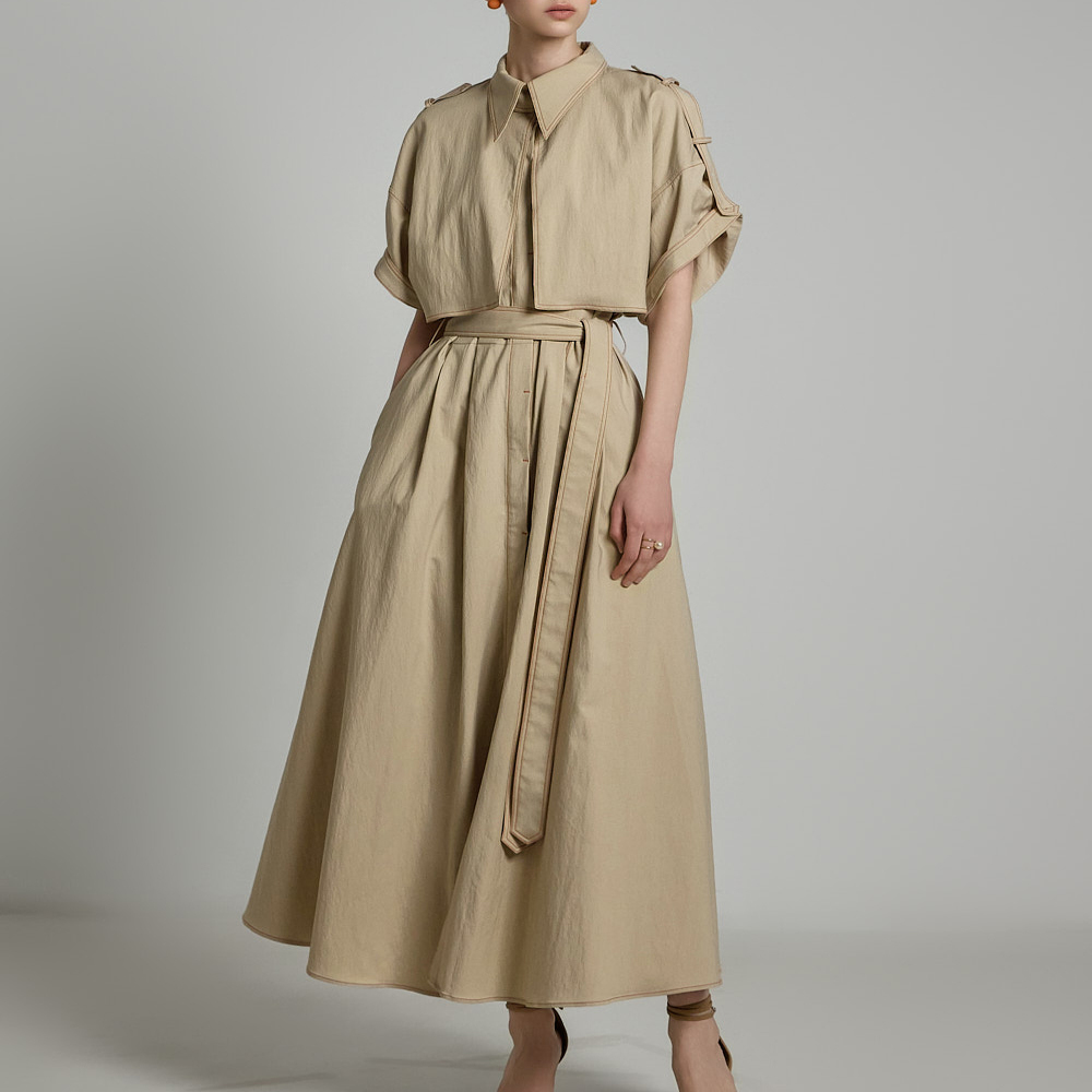 DINT韩国代购2025春款女装 时尚明线翻领腰带风衣短袖连衣裙D9531