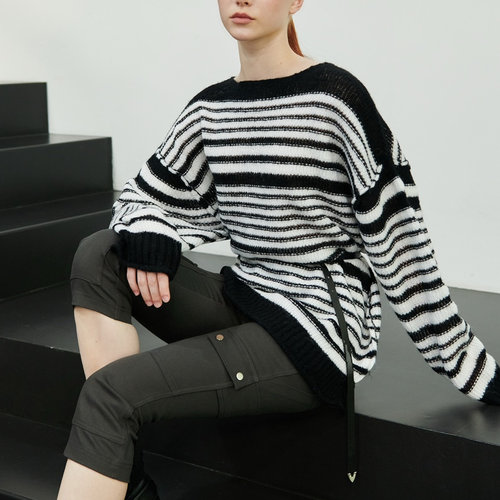 STAGE韩国东大门代购2025秋新款 时尚条纹宽松套头长袖薄针织衫女