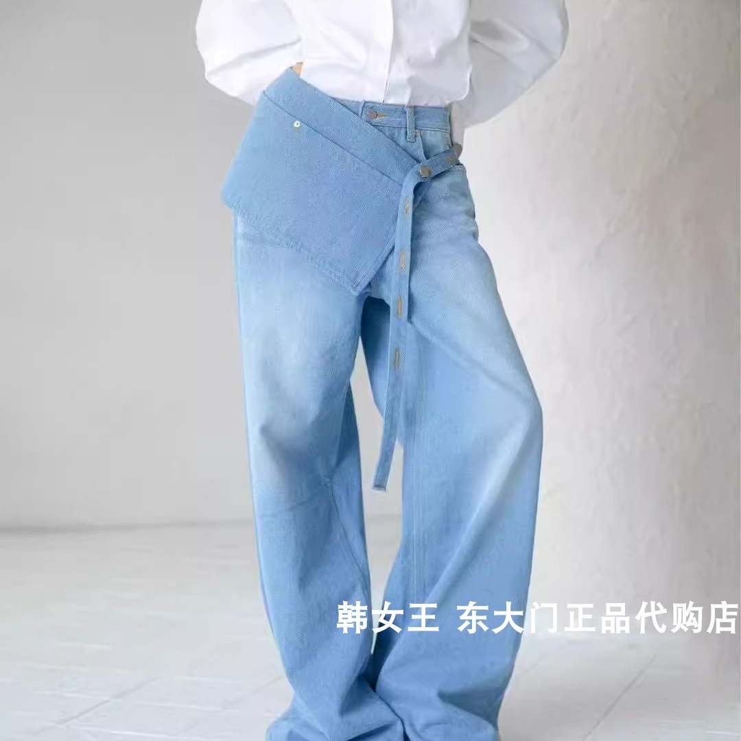 PAPERMOON韩国代购2025春夏装 时尚系带腰围宽松休闲牛仔裤女长裤