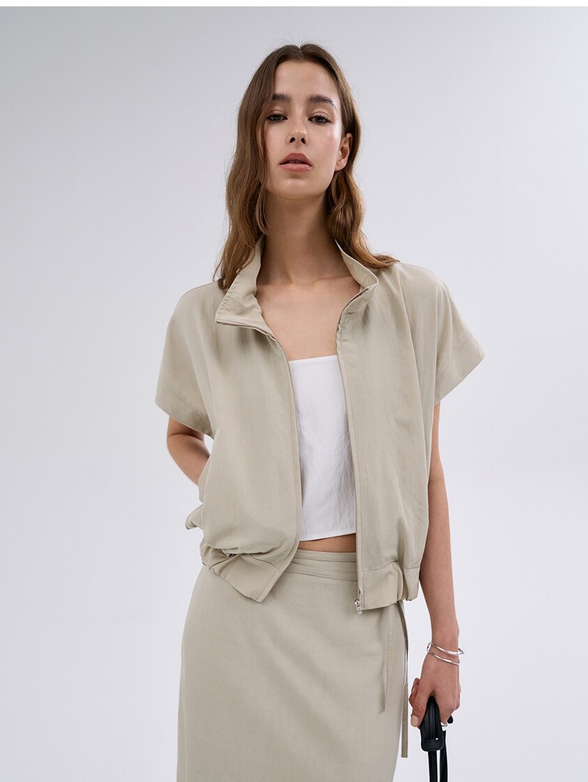 BLOSSOM韩国代购2024夏季女装 纯色百搭时尚立领拉链马甲上衣外套