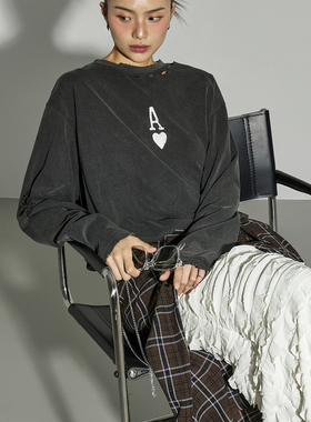 DINT韩国代购2025秋冬 时尚作旧破洞宽松长袖休闲T恤打底衫E4014