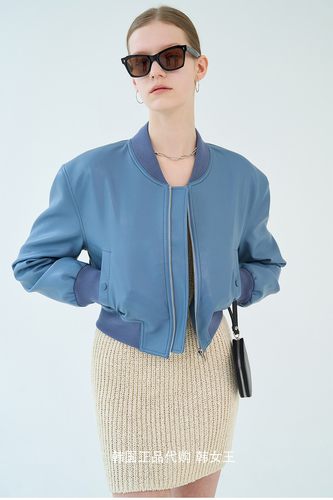 BLOSSOM韩国代购2024春款女装 时尚阔版立领短款PU皮夹克外套韩货