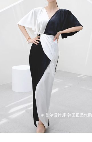 韩国代购复古连衣裙拼色名媛