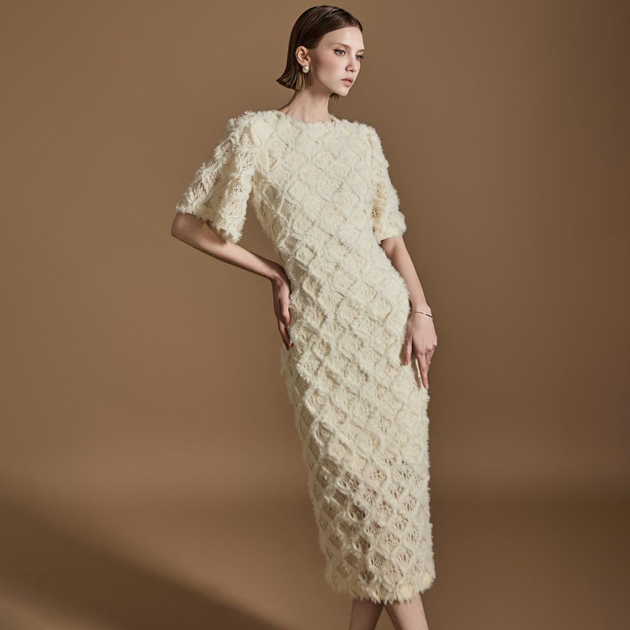 DINT 韩国代购2024秋冬款女装 名媛气质毛边蕾丝连衣裙修身D5145