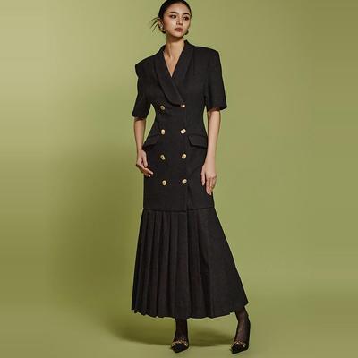 DINT 韩国代购2025春秋女装 复古双排扣短袖西服连衣裙长裙D9512
