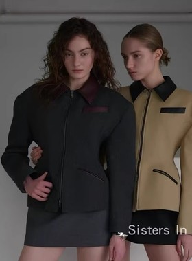 EITHER韩国代购2025秋新款 PU皮翻领沙漏收腰拉链复古长袖外套女