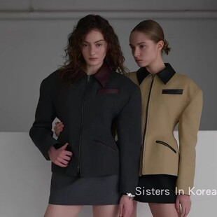 EITHER韩国代购2025秋新款 PU皮翻领沙漏收腰拉链复古长袖外套女